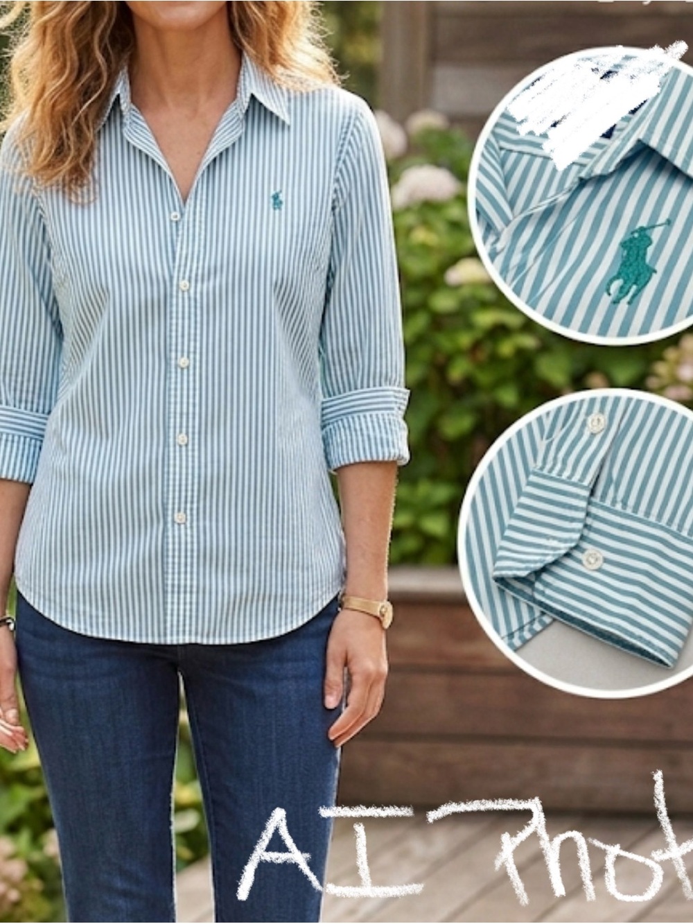 Ralph Lauren Teal and White Striped Dress Shirt polo sport size 12 women slim